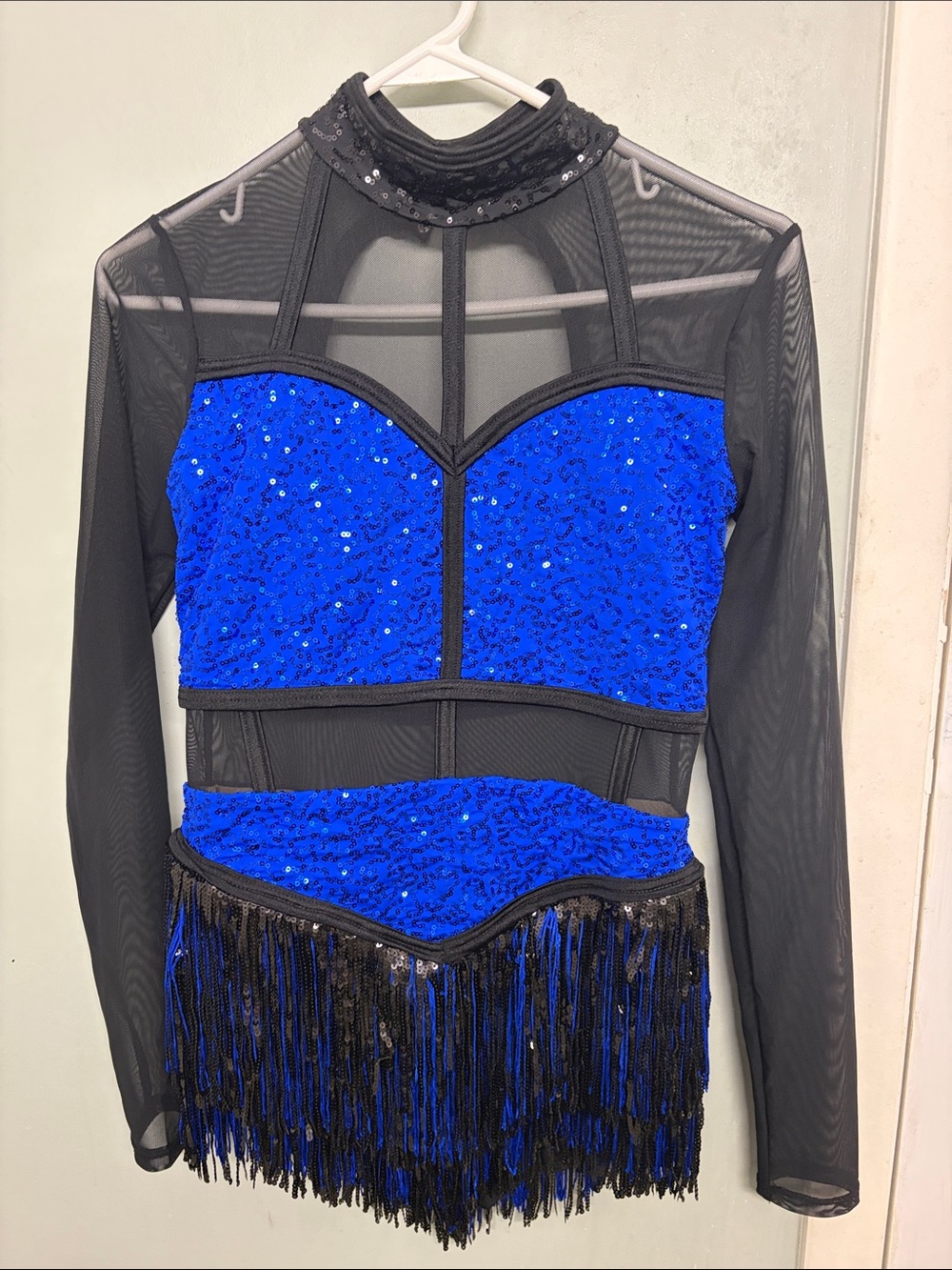 Weissman Royal Blue and Black Sequin Dance Costume with Fringe